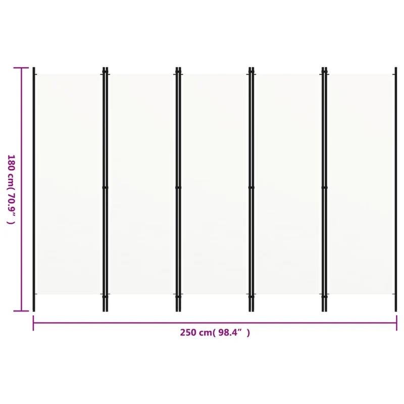 Paravent séparateur de pièce cloison 5 panneaux 250 x 180 cm en tissu blanc et fer DEC030945