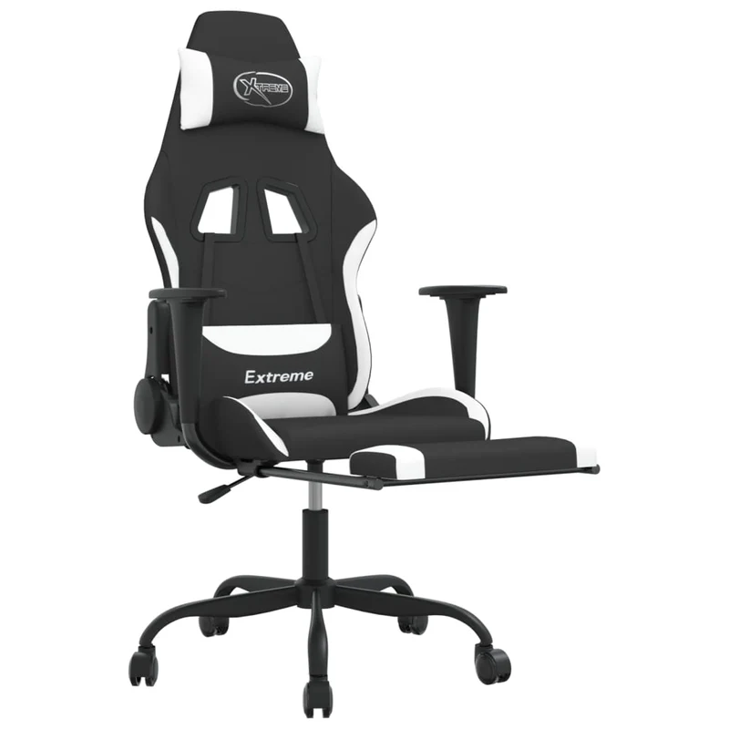 Fauteuil de bureau chaise gaming avec coussin lombaire avec repose-pieds en tissu blanc et noir DEC025834