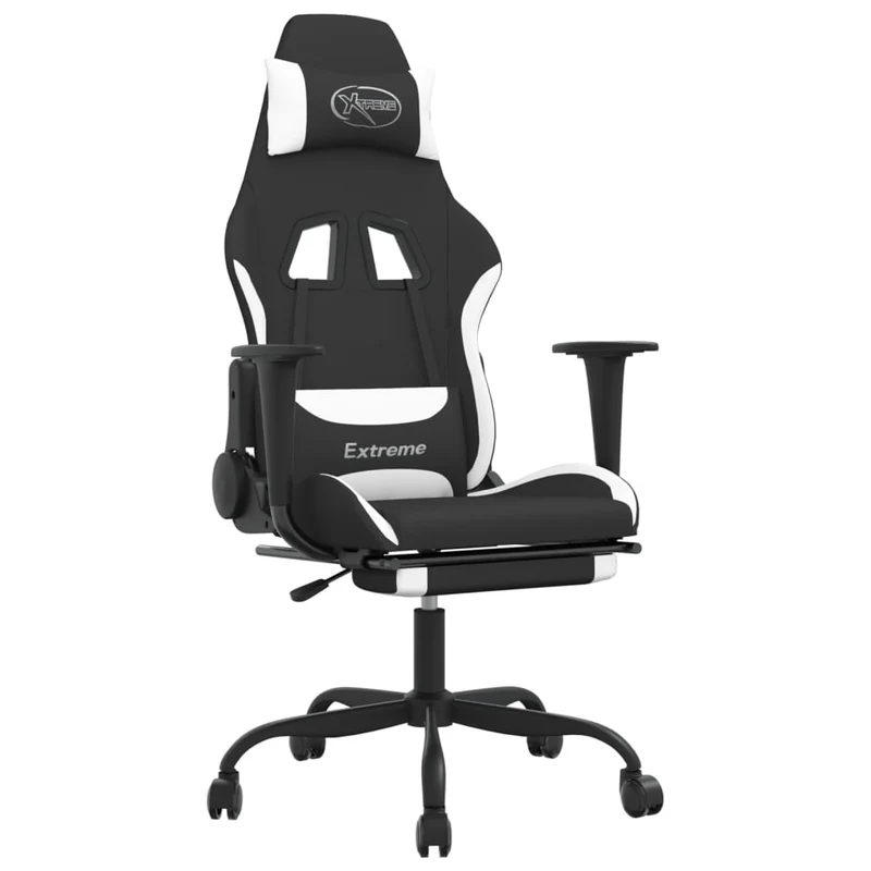 Fauteuil de bureau chaise gaming sur roulettes avec repose-pieds en tissu noir et blanc DEC025749