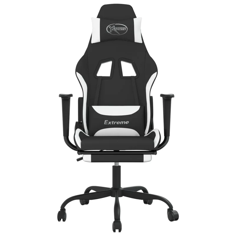 Fauteuil de bureau chaise gaming sur roulettes avec repose-pieds en tissu noir et blanc DEC025749