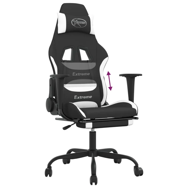Fauteuil de bureau chaise gaming sur roulettes avec repose-pieds en tissu noir et blanc DEC025749