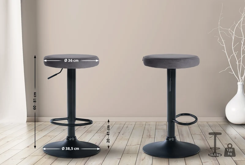 Tabouret de bar x1 design simple hauteur réglable revêtement en velours gris foncé pieds en métal noir 10_0005352