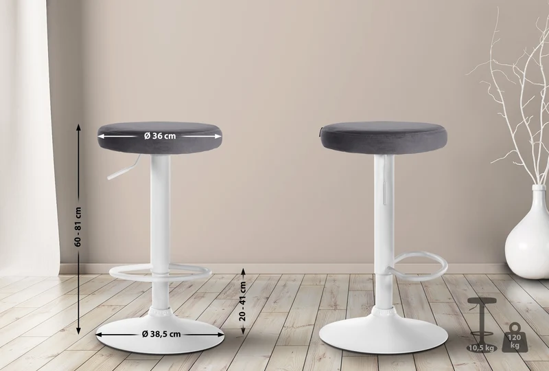 Lot de 2 tabourets de bar avec assise en tissu velours gris foncé et cadre métal blanc TDB10699