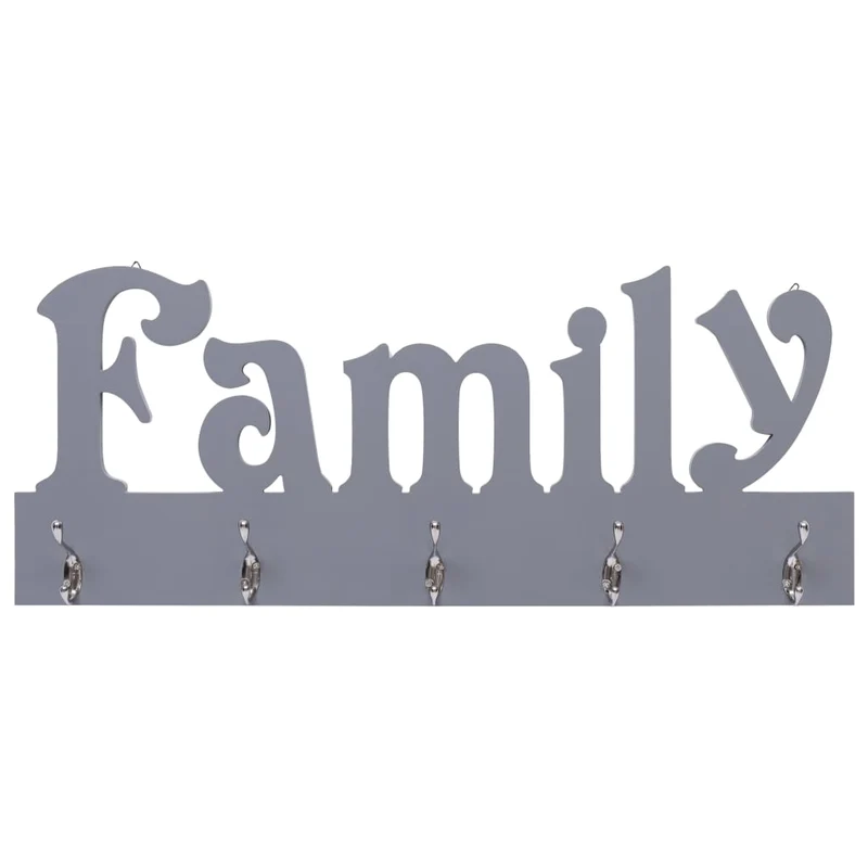 Porte-manteau mural en MDF motif FAMILY Gris avec 5 crochets 74x29,5 cm DEC024225
