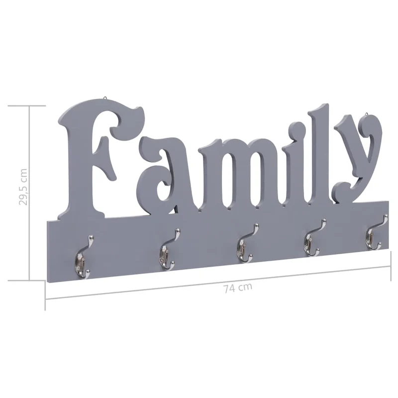 Porte-manteau mural en MDF motif FAMILY Gris avec 5 crochets 74x29,5 cm DEC024225