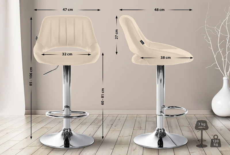 Tabouret de bar x1 avec repose-pieds pivotant et réglable en PVC crème et métal 10_0005210
