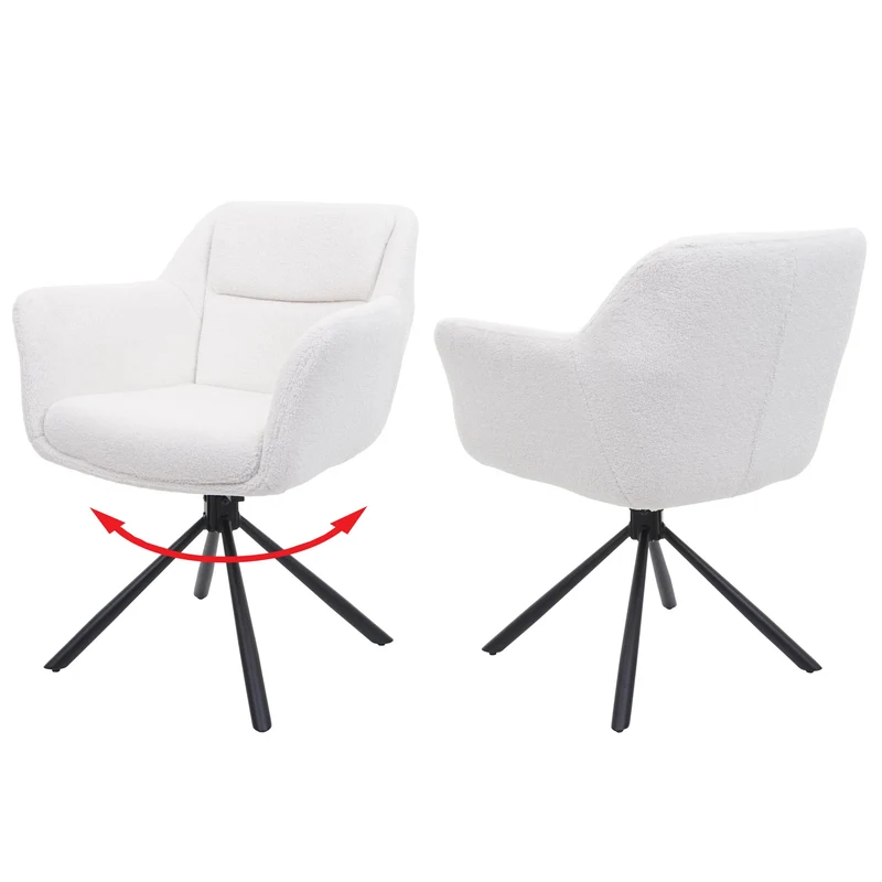 Lot de 2 chaises de salle à manger avec accoudoirs siège pivotant en tissu bouclé blanc 04_0007364