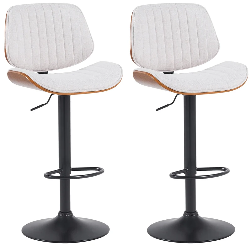 Lot de 2 tabourets de bar style rétro moderne assise en tissu crème bois noyer et cadre métal noir 10_0006618