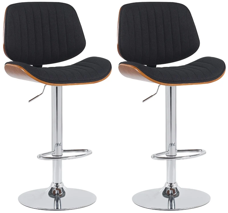Lot de 2 tabourets de bar style rétro moderne assise en tissu noir bois noyer et cadre métal chromé 10_0006584