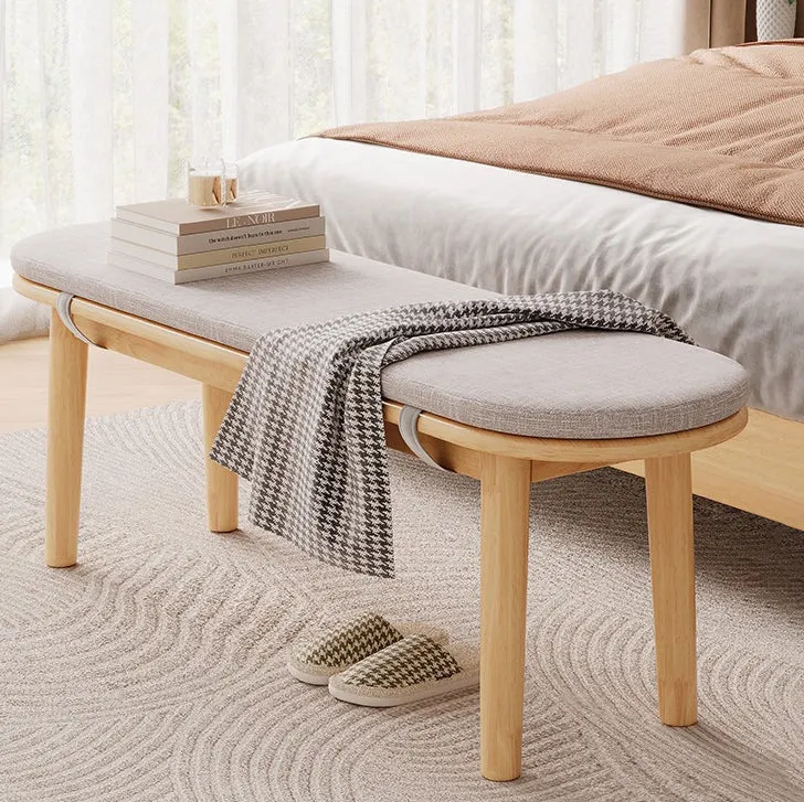 Contemporary Nordic Rubberwood Cotton Linen Oval Bench With Cushion For Bedroom & Entryway