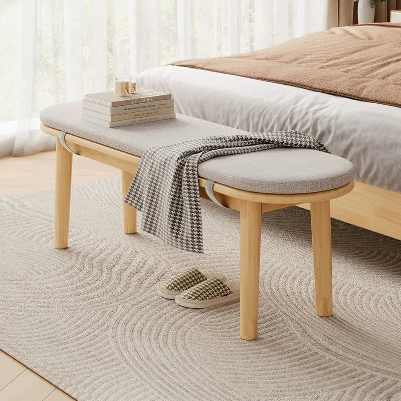 Contemporary Nordic Rubberwood Cotton Linen Oval Bench With Cushion For Bedroom & Entryway