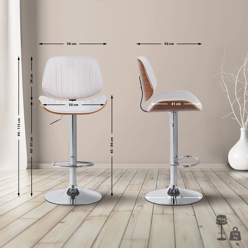 Tabouret de bar x1 style rétro moderne assise en tissu crème bois noyer et cadre métal chromé 10_0006340