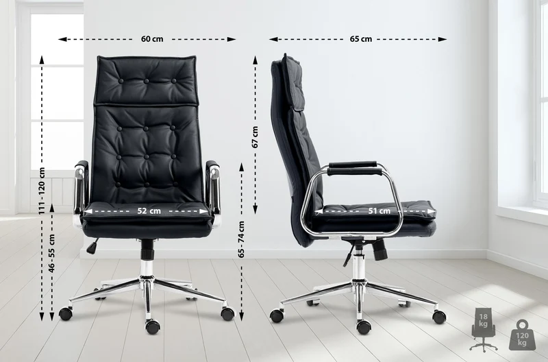 Fauteuil de bureau capitonné rembourrage épais en véritable cuir noir et pieds métal chromé 10_0007105