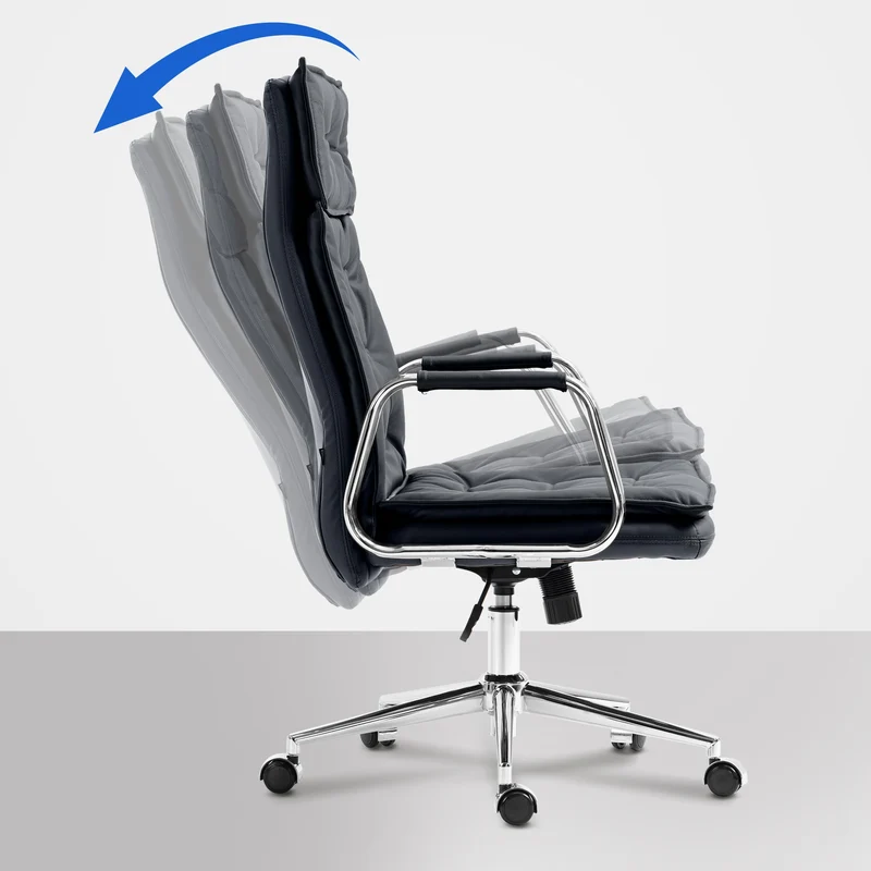 Fauteuil de bureau capitonné rembourrage épais en véritable cuir noir et pieds métal chromé 10_0007105