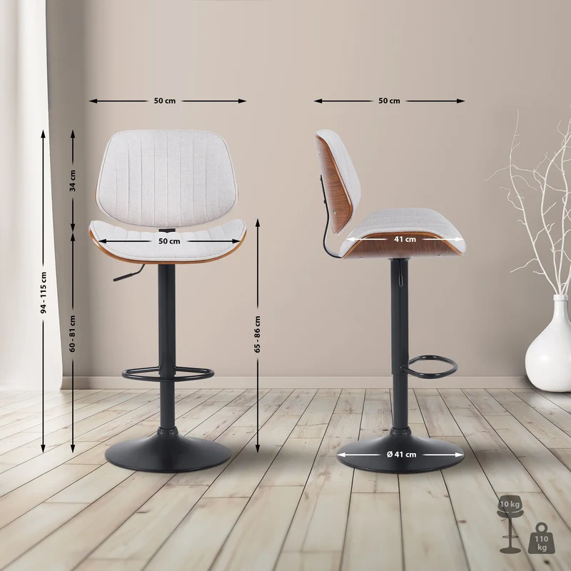 Tabouret de bar x1 style rétro moderne assise en tissu blanc bois noyer et cadre métal noir 10_0006267