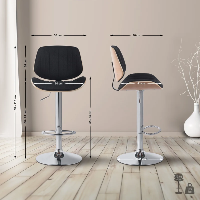 Tabouret de bar x1 style rétro moderne assise en similicuir noir bois clair et cadre métal chromé 10_0006210