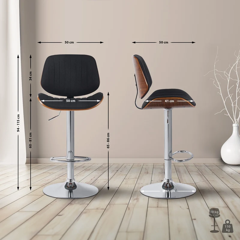 Tabouret de bar x1 style rétro moderne assise en tissu noir bois noyer et cadre métal chromé 10_0006203