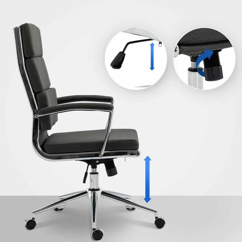 Fauteuil de bureau sur roulettes dossier à triple rembourrage et forme ergonomique en tissu gris foncé et métal chromé 10_0007070