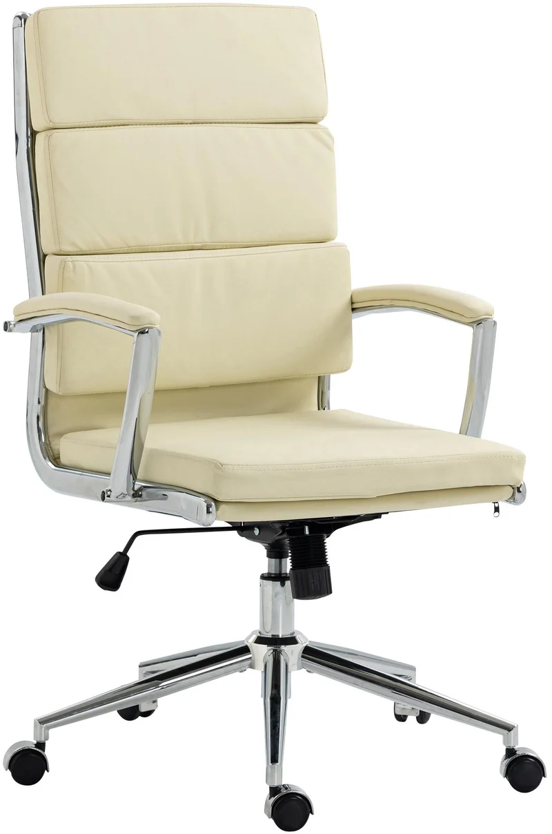 Fauteuil de bureau sur roulettes dossier à triple rembourrage et forme ergonomique en similicuir crème et métal chromé 10_0007065