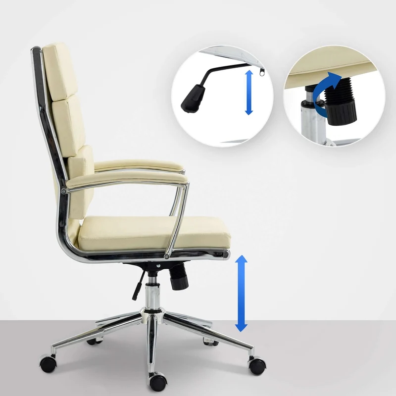 Fauteuil de bureau sur roulettes dossier à triple rembourrage et forme ergonomique en similicuir crème et métal chromé 10_0007065