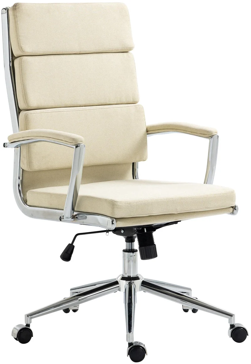 Fauteuil de bureau sur roulettes dossier à triple rembourrage et forme ergonomique en tissu crème et métal chromé 10_0007062