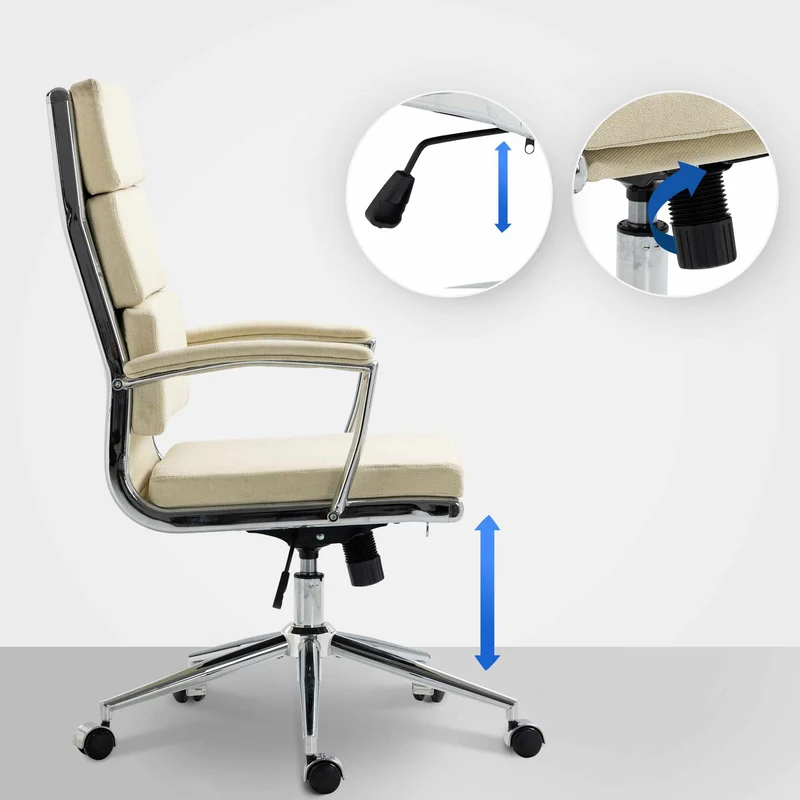 Fauteuil de bureau sur roulettes dossier à triple rembourrage et forme ergonomique en tissu crème et métal chromé 10_0007062