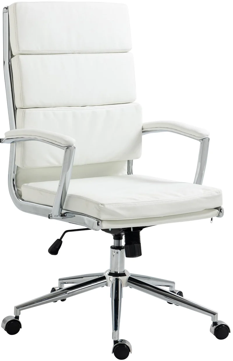 Fauteuil de bureau sur roulettes dossier à triple rembourrage et forme ergonomique en similicuir blanc et métal chromé 10_0007020