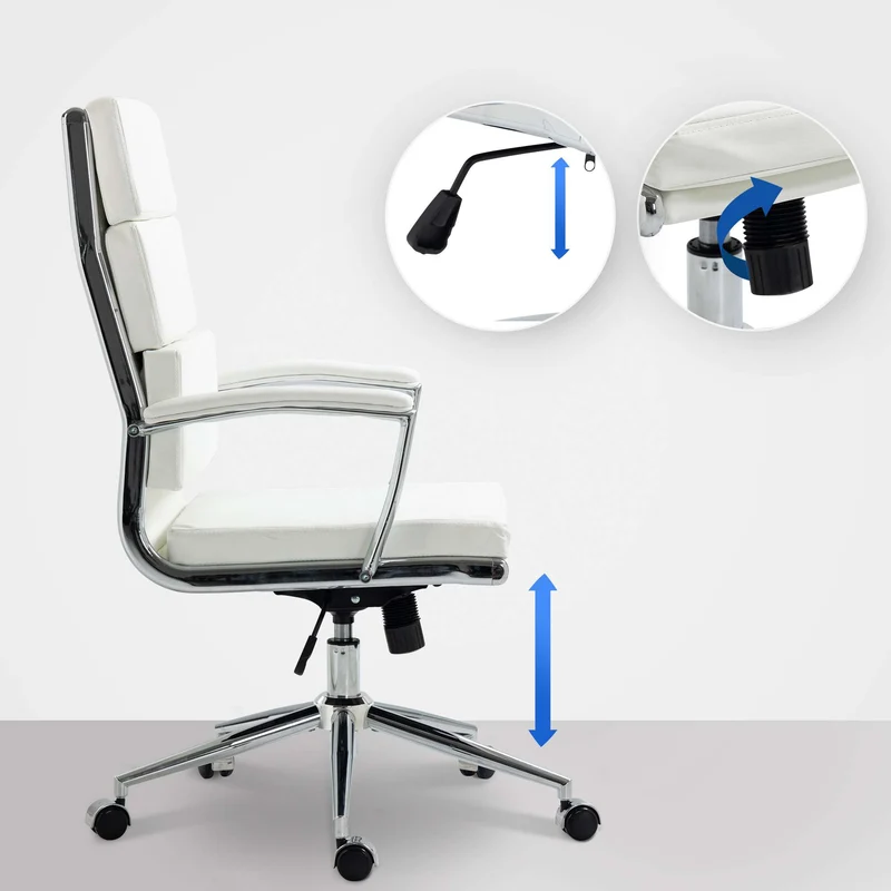 Fauteuil de bureau sur roulettes dossier à triple rembourrage et forme ergonomique en similicuir blanc et métal chromé 10_0007020