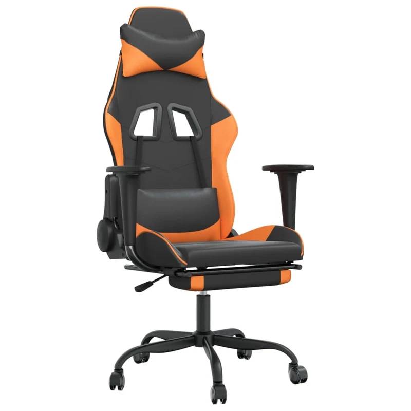 Fauteuil de bureau chaise gaming avec coussin lombaire et repose-pieds en PVC noir et orange DEC025887