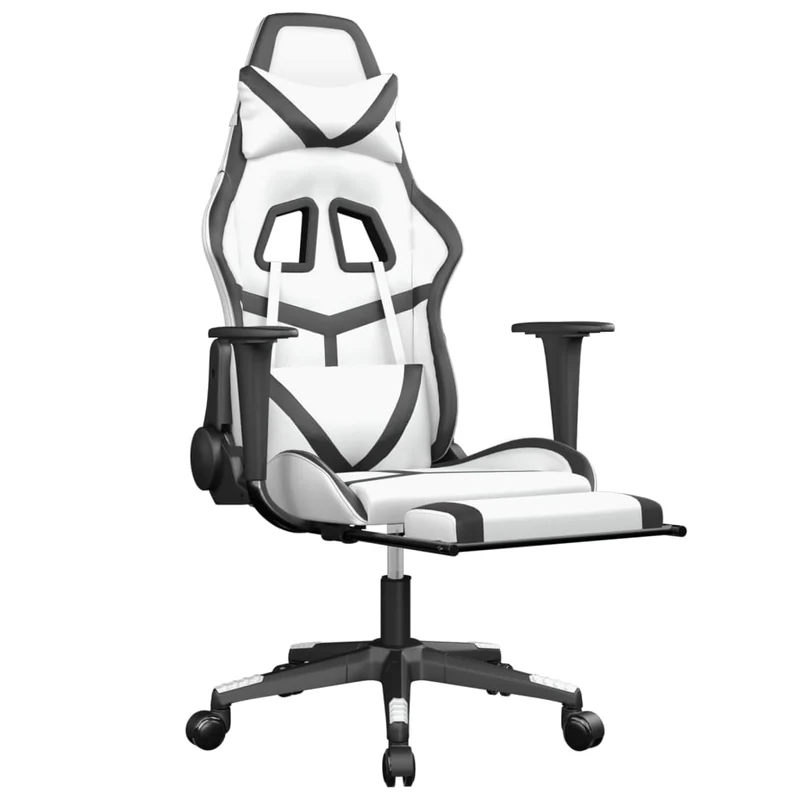 Fauteuil de bureau chaise gaming fonction de massage avec coussin lombaire et repose-pieds PVC blanc et noir DEC025829