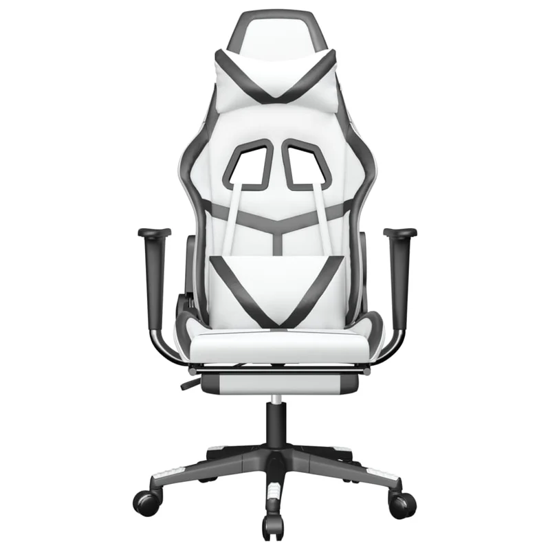 Fauteuil de bureau chaise gaming fonction de massage avec coussin lombaire et repose-pieds PVC blanc et noir DEC025829