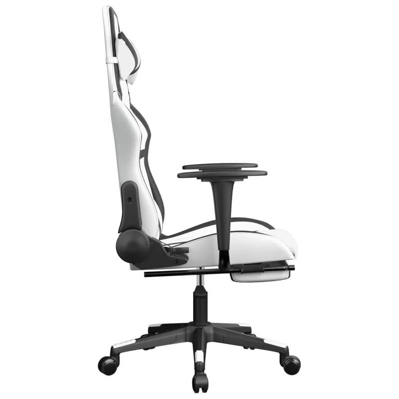 Fauteuil de bureau chaise gaming fonction de massage avec coussin lombaire et repose-pieds PVC blanc et noir DEC025829