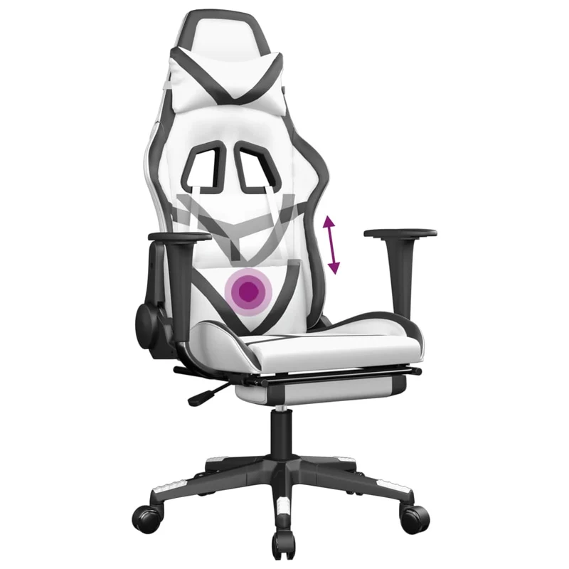 Fauteuil de bureau chaise gaming fonction de massage avec coussin lombaire et repose-pieds PVC blanc et noir DEC025829