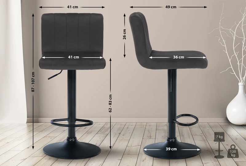 Lot de 2 tabourets de bar pivotant hauteur réglable assise surpiqué en velours noir et métal noir 10_0006316
