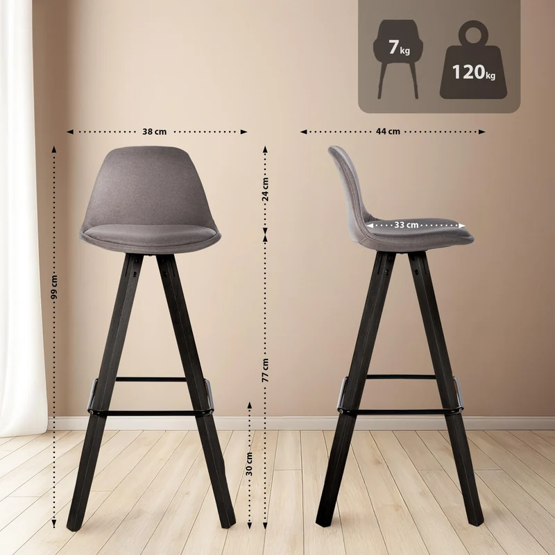 Lot de 2 tabourets de bar chaise haute repose-pieds style scandinave en tissu taupe structure en bois foncé carré 10_0006086