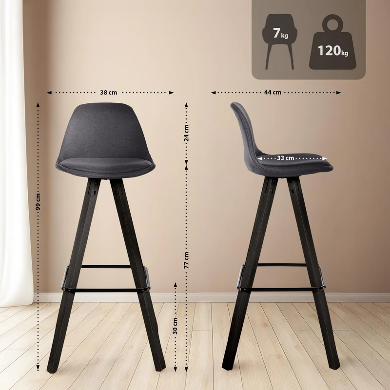 Lot de 2 tabourets de bar chaise haute repose-pieds style scandinave en tissu gris foncé structure en bois foncé carré 10_0006085