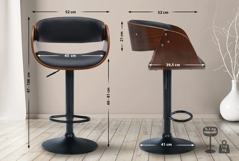 Lot de 2 tabourets de bar pivotant style rétro moderne assise en bois courbé couleur noyer et PVC noir cadre métal noir 10_0006233