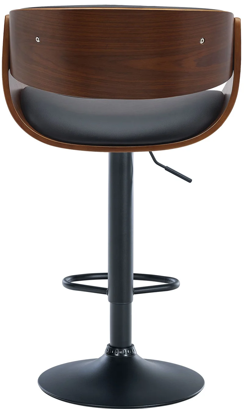 Lot de 2 tabourets de bar pivotant style rétro moderne assise en bois courbé couleur noyer et PVC noir cadre métal noir 10_0006233