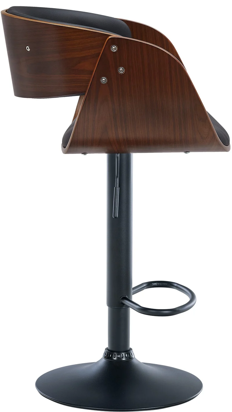 Tabouret de bar x1 pivotant style rétro moderne assise en bois courbé couleur noyer et PVC noir cadre métal noir 10_0005873