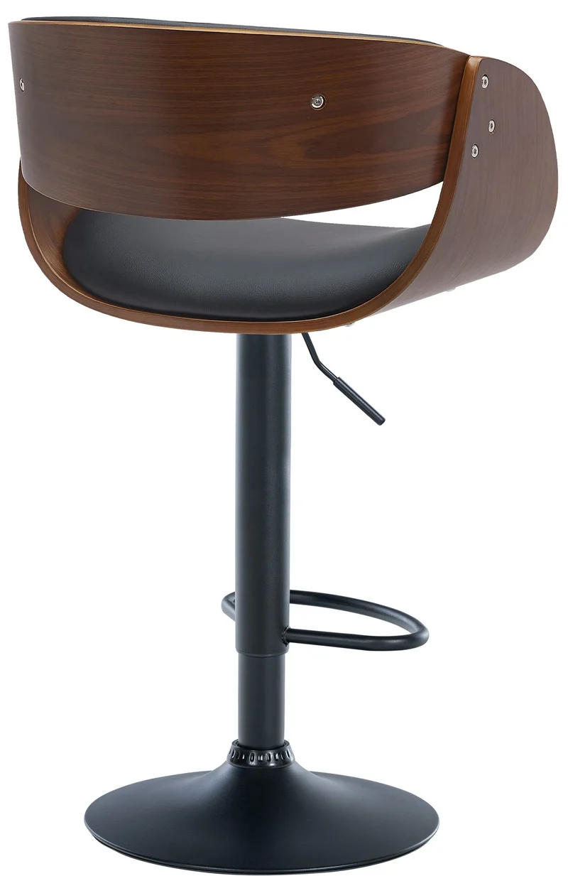 Tabouret de bar x1 pivotant style rétro moderne assise en bois courbé couleur noyer et PVC noir cadre métal noir 10_0005873
