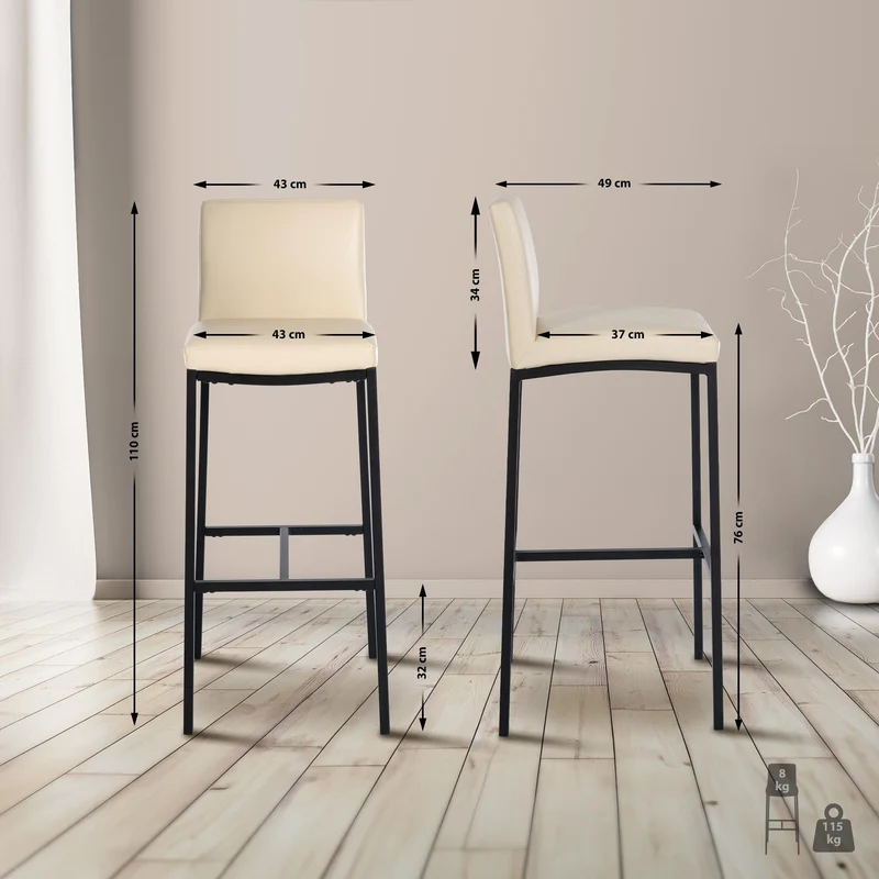 Tabouret de bar x1 design épuré et contemporain en PVC crème cadre à quatre pieds en métal noir 10_0006048
