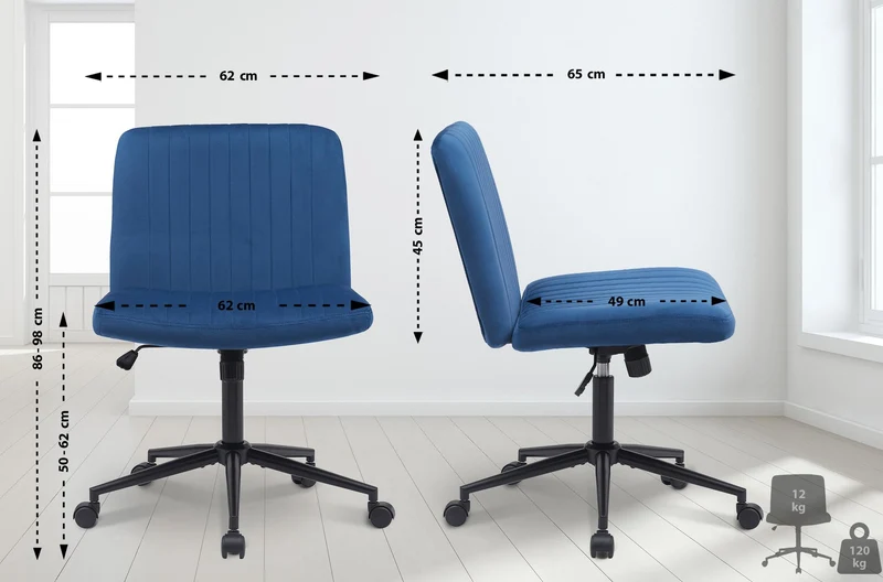 Chaise de bureau contemporaine surpiqûres verticale en velours bleu réglable en hauteur et rotatif à 360 degrés 10_0007031