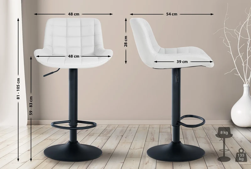 Lot de 2 tabourets de bar en PVC blanc avec surpiqûres décoratives carrées cadre métal noir avec repose-pieds 10_0006453