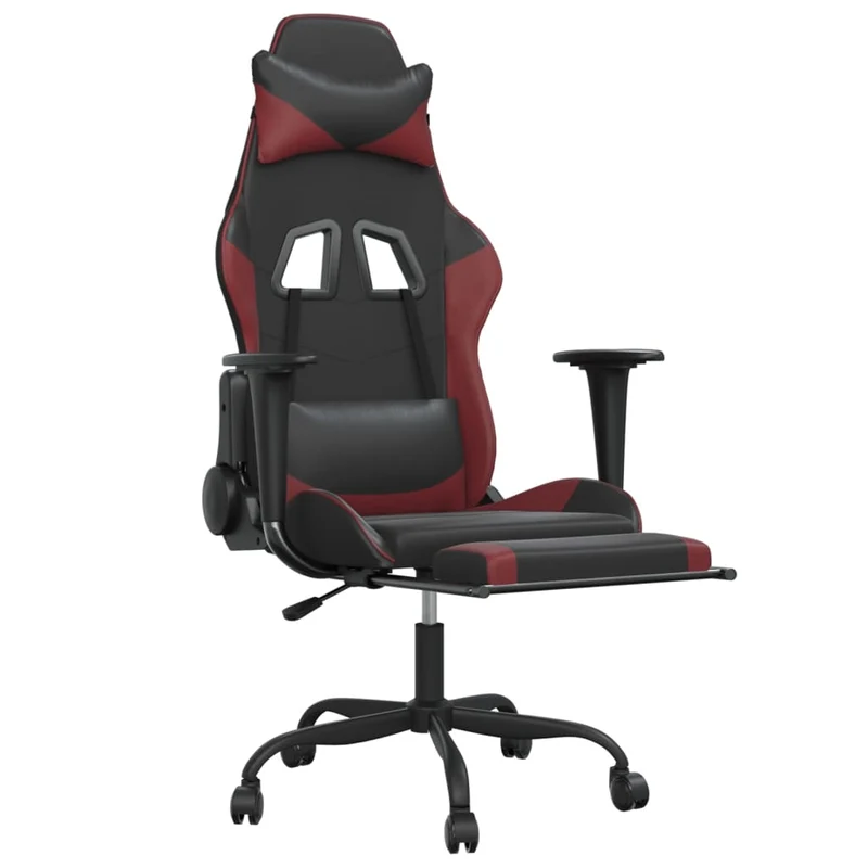 Fauteuil de bureau chaise gaming avec coussin lombaire repose-pieds en PVC noir et bordeaux DEC025942