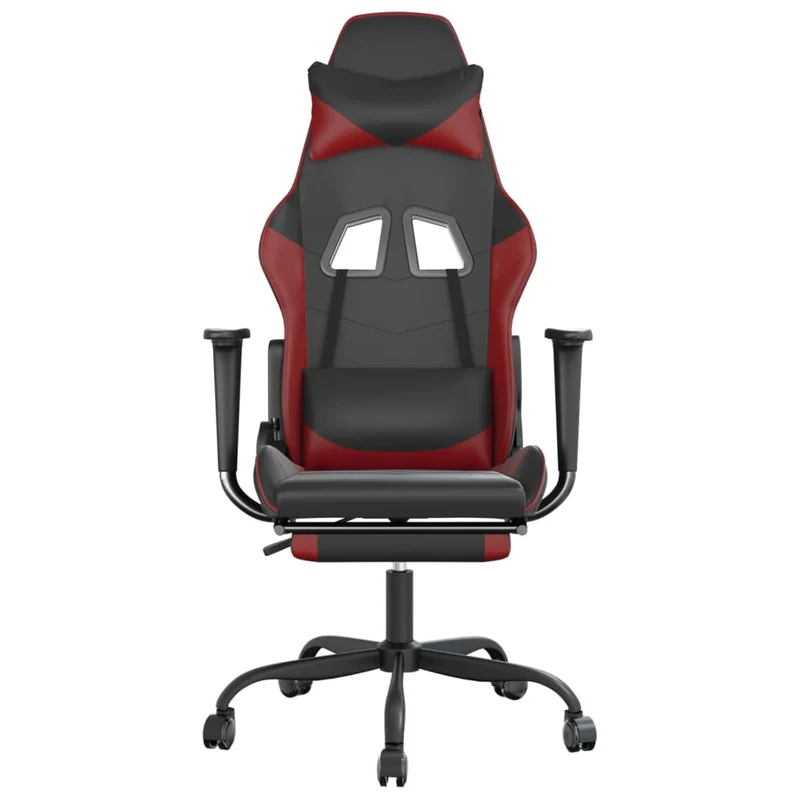 Fauteuil de bureau chaise gaming avec coussin lombaire repose-pieds en PVC noir et bordeaux DEC025942