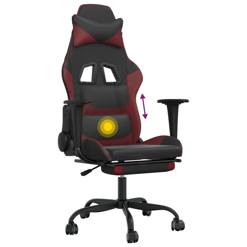Fauteuil de bureau chaise gaming avec coussin lombaire repose-pieds en PVC noir et bordeaux DEC025942