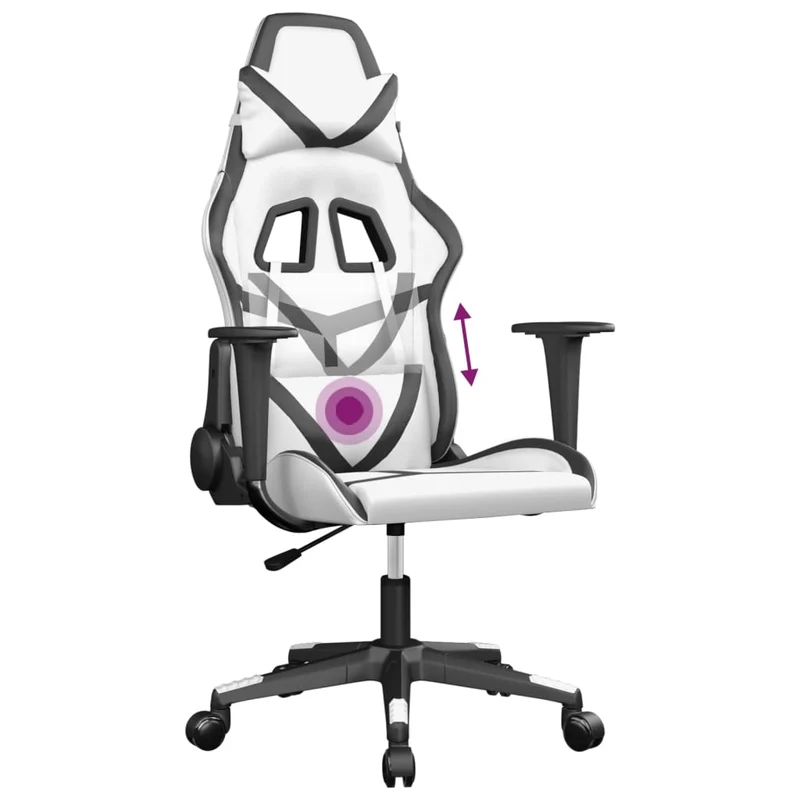 Fauteuil de bureau chaise gaming fonction de massage avec coussin lombaire en PVC blanc et noir DEC025863