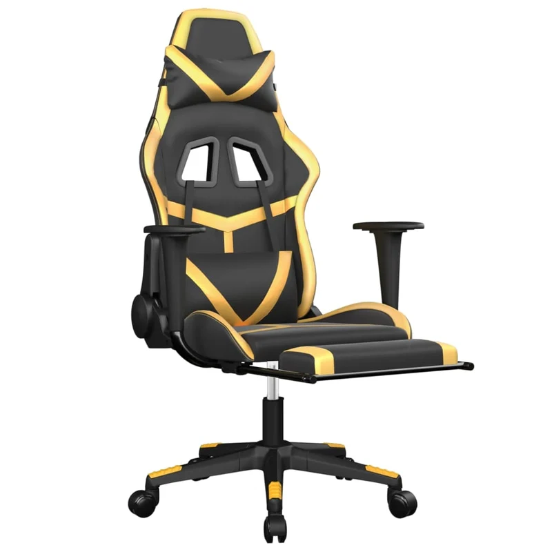 Fauteuil de bureau chaise gaming fonction de massage avec coussin lombaire avec repose-pieds en PVC noir et doré DEC025853