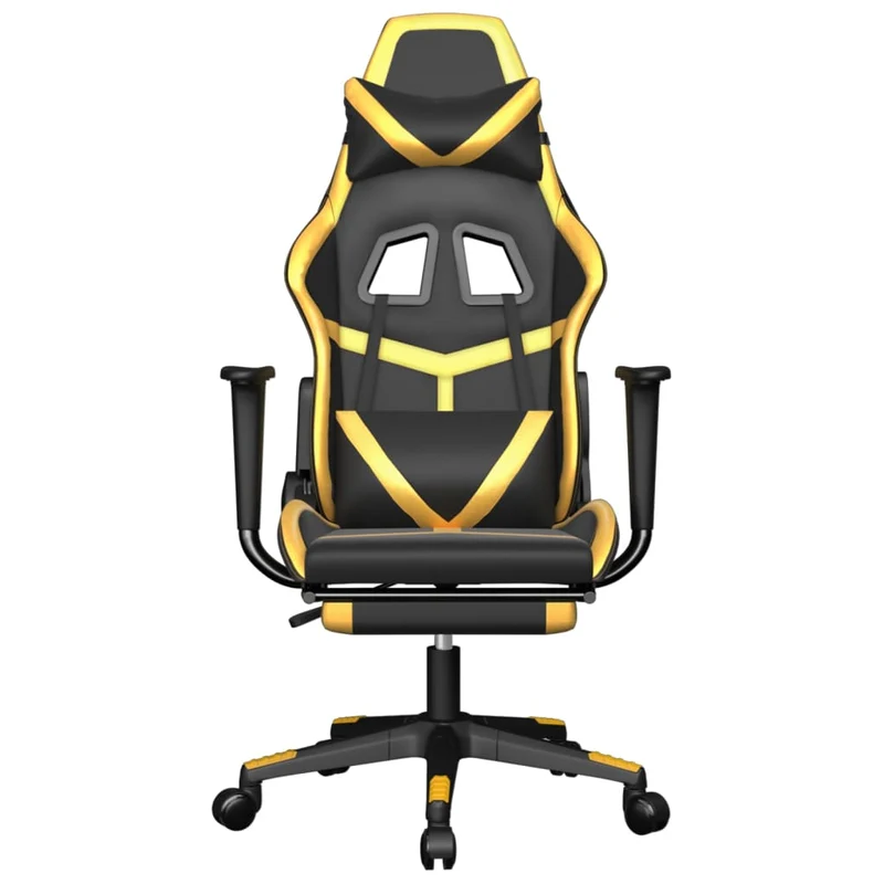 Fauteuil de bureau chaise gaming fonction de massage avec coussin lombaire avec repose-pieds en PVC noir et doré DEC025853