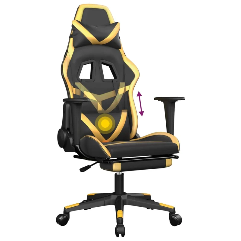 Fauteuil de bureau chaise gaming fonction de massage avec coussin lombaire avec repose-pieds en PVC noir et doré DEC025853